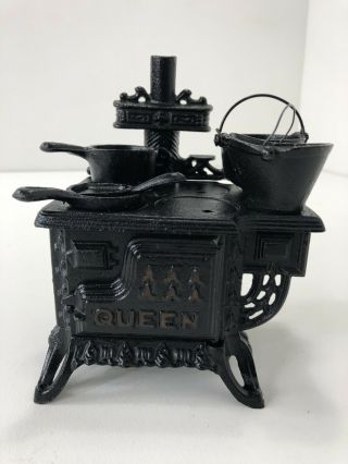 Miniature Antique Queen Cast Iron Stove With Pots Pans 6 1/2 " Tall X 6 " Long