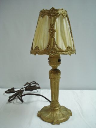 Antique Cast Metal 12 " Boudoir Table Lamp Art Deco Nouveau Fabric Shade