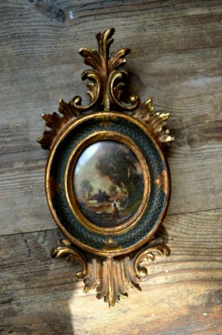 Antique Miniature Oval Oil Painting Signed Landscape Scene Gilt Wood Frame