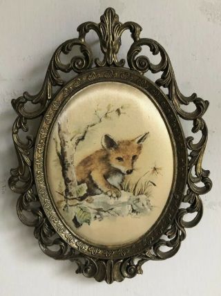 Vintage Italian Oval Ornate Dull Gold Metal Picture Frame Fox Cub Upcycle