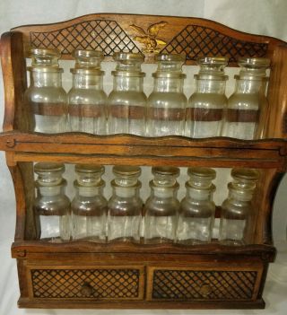 Antique Rack 12 Small Glass Bottles Clear Apothecary Wall Hanger Perfume Spice