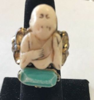 Antique Heavy Chinese Plastic Buddha Adjustable Brass Ring