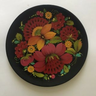 Vintage Russian Folk Art Wooden Plate Tapejika Hand Painted Floral W Tag 11