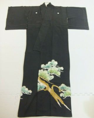 Antique Japanese Kimono,  Black Tomesode,  Silk,  Hand Embroidery N111105