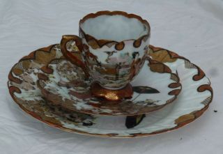 Special Quality Hand Painted Gilded Antique Japanese Porcelain Trio Signed 227