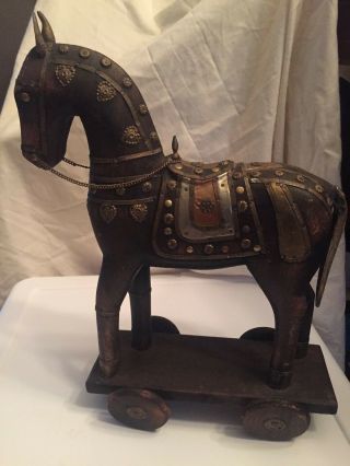 Rare Antique Statue Hand Carved Wooden Horse Copper Brass Armor Inlay