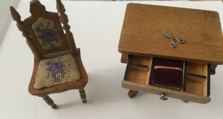 Antique Schneegas Dolls House Miniature Embroidered Chair And Rare Sewing Table