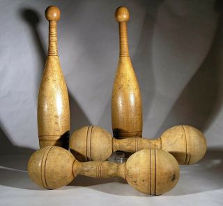 Antique Wooden Exercise Indian Clubs Wood Club & Dumbbell Barbells