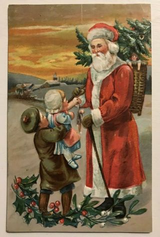 Long Robe Santa Claus With Children Toy Basket Antique Christmas Postcard - M685