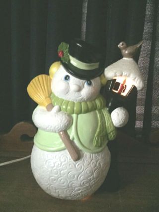 Very Rare Vintage Ceramic Snowman Lights Up With Lantern And Broom 13 1/2 X10 "
