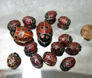 14 Vintage Czech Enameled Metal Figural Lady Bugs Jewelry Piece Beads