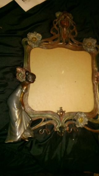 Antique Art Nouveau Lady Frame Heavy Brass,  Small Hand Mirror -