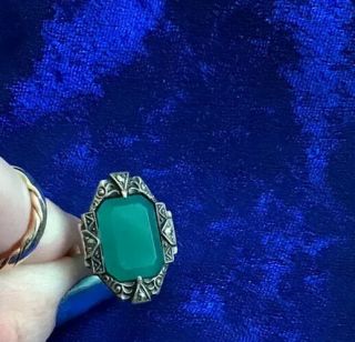 Antique Art Deco Real Silver Green Chalcedony & Marcasites Gemstone Ring