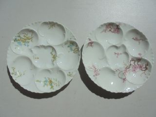 2 Antique Haviland Limoges France Porcelain Oyster Plates Pink Blue Flowers