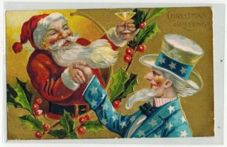 1910 Antique Santa Clause Uncle Sam Christmas Greetings Patriotic Gilt Postcard