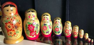 Vintage Russia Mampeuika Wood Stacking Nesting Dolls Flowers Set Of 9 1/2
