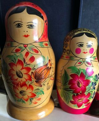 Vintage Russia Mampeuika Wood Stacking Nesting Dolls Flowers Set Of 9 1/2 2