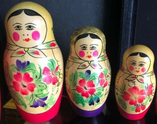 Vintage Russia Mampeuika Wood Stacking Nesting Dolls Flowers Set Of 9 1/2 3