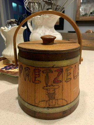 Vintage Wooden Firkin Pretzel Bucket.  Germany? Decor,  Primitive,  Farmhouse.