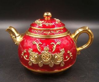 A set Collectible Handmade Brass Gilt Cloisonne Teapot Cup Flower 2