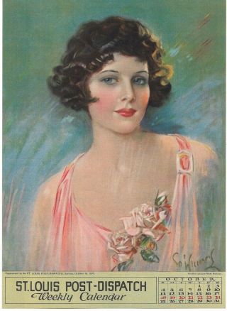 Rare Vintage 1925 C.  D.  Williams Art Deco Flapper Pin - Up Print Weekly Calendar Nr