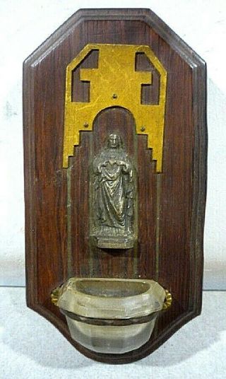 Antique French Holy Water Font With Figure Of Jesus.  Hard Wood.  5.  5 " X 2.  75 "