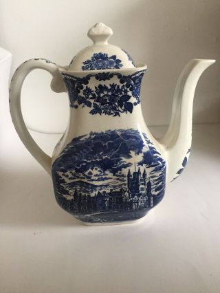 Vintage Made In England Blue And White Teapot Castle Scene