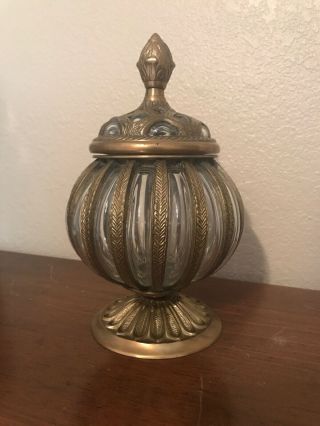 Vintage Unique Ornate Brass And Thick Bubble Glass Urn Jar 7”