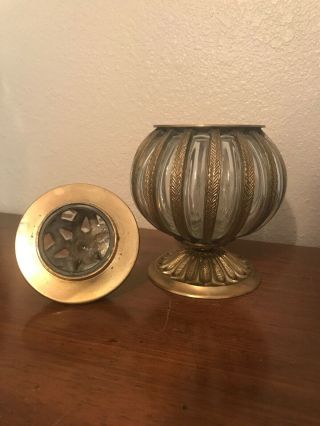 Vintage Unique Ornate Brass and Thick Bubble Glass Urn Jar 7” 2