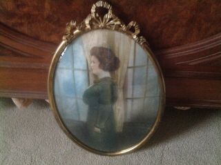 Antique Oval Brass Frame Convex Glass Single Woman Hand Colored Portrait 22 1/4 "