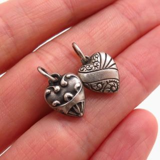 Antique Victorian Sterling Silver Collectible Puffy Heart Set Of 2 Charm Pendant