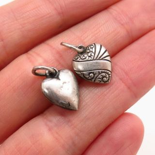 Antique Victorian Sterling Silver Collectible Puffy Heart Set of 2 Charm Pendant 2