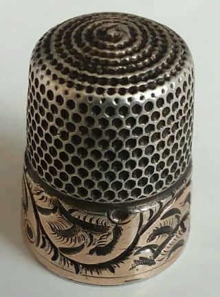 Antique Simons Bros Gold Band Sterling Silver Thimble Scrolls Size 8 C1880s