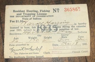 Vintage 1935 Indiana State Resident Hunting Fishing Trapping License Paper Rare