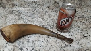 Antique Vintage Powder Horn Hand Carved Black Powder Horn - Wood End And Plug.