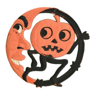 Rare 5 3/8” 1920s Vintage Halloween Scared Pumpkin & Moon Die Cut Germany Circle