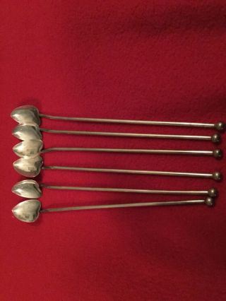 6 Sterling Silver Heart Shaped Ice Tea Julep Straw Spoons 8”