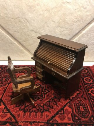 Vintage Dollhouse Miniature Roll Top Desk With Rolling Desk Chair