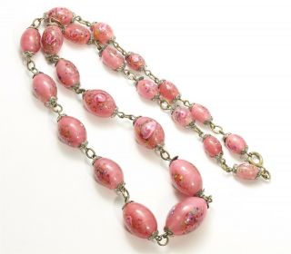 Vintage Art Deco Czech Graduated Pink Moonstone Flower Art Glass Bead Necklace
