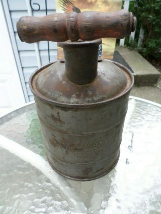 Vintage Antique Peerless Miller Safety Gas Oil Can Wood Handle Galvanized