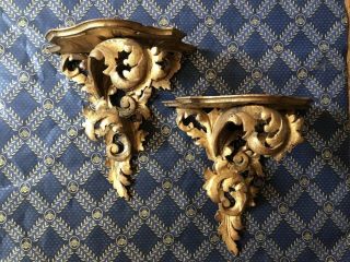 Antique Vtg Italian Florentine Gold Tole Hand Carved Wood Wall Shelf Sconce Pair