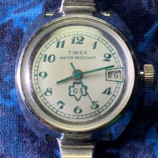Rare Vintage Timex Girl Scouts Watch Wind Up Wristwatch Stretch Band Date Green