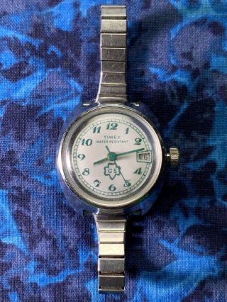 Rare Vintage Timex Girl Scouts Watch Wind Up Wristwatch Stretch Band Date Green 2