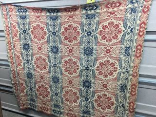 Rare Mid 1800’s Antique Red White & Blue Coverlet 72” By 86”