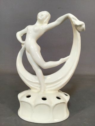 1920s Antique Art Deco German Nude Lady Statue Fayence Porcelain Old Flower Frog