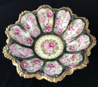 Gorgeous Antique Hand Painted Pink Roses 11” Bowl