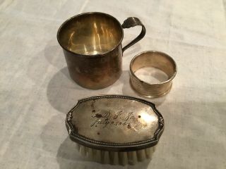 Vintage Sterling Silver Baby Cup W/ornate Handle,  Brush And Bracelet.  Engraved