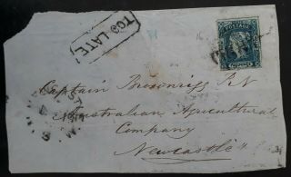 Rare 1854 - Nsw Australia 2d Blue Imperf Laureate Stamp On Part Cover - Too Late