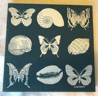 Vintage Marushka Screen Print Seashells,  Butterflies,  Blue White,  13 " X 13 "
