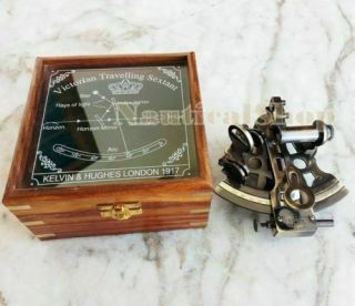 Brass Sextant Vintage Maritime Nautical Collectible Astrolabe Glasstop Wood Box